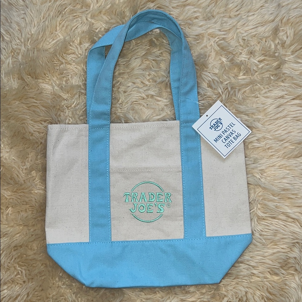 Limited Edition Trader Joe's Canvas Cream and Light Blue Mini Tote Bag